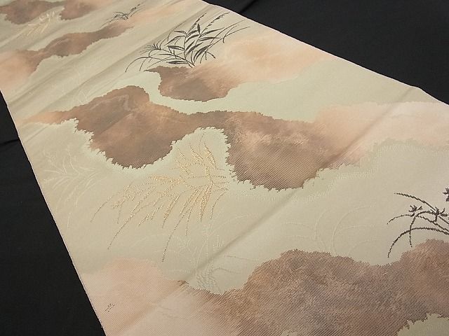 平和屋着物■六通柄袋帯 こはく錦 霞枝葉文 金糸 正絹 逸品 A-tn1769