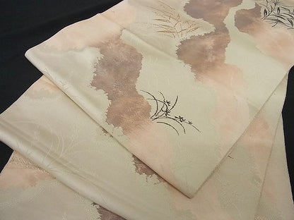 平和屋着物■六通柄袋帯 こはく錦 霞枝葉文 金糸 正絹 逸品 A-tn1769