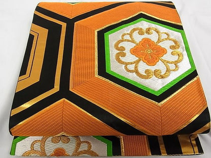 平和屋着物■六通柄袋帯 唐織 花亀甲文 黒地 金銀糸 正絹 逸品 A-tn2254