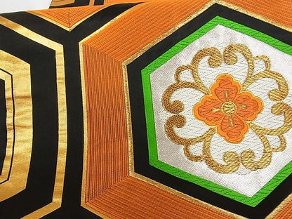 平和屋着物■六通柄袋帯 唐織 花亀甲文 黒地 金銀糸 正絹 逸品 A-tn2254