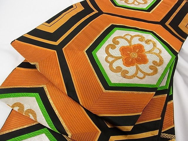 平和屋着物■六通柄袋帯 唐織 花亀甲文 黒地 金銀糸 正絹 逸品 A-tn2254