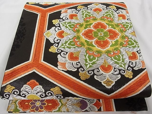 平和屋着物■六通柄袋帯 唐織 花亀甲文 黒地 金銀糸 正絹 逸品 A-tn2257