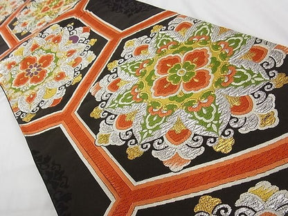 平和屋着物■六通柄袋帯 唐織 花亀甲文 黒地 金銀糸 正絹 逸品 A-tn2257