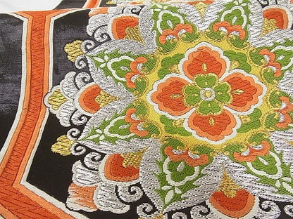 平和屋着物■六通柄袋帯 唐織 花亀甲文 黒地 金銀糸 正絹 逸品 A-tn2257