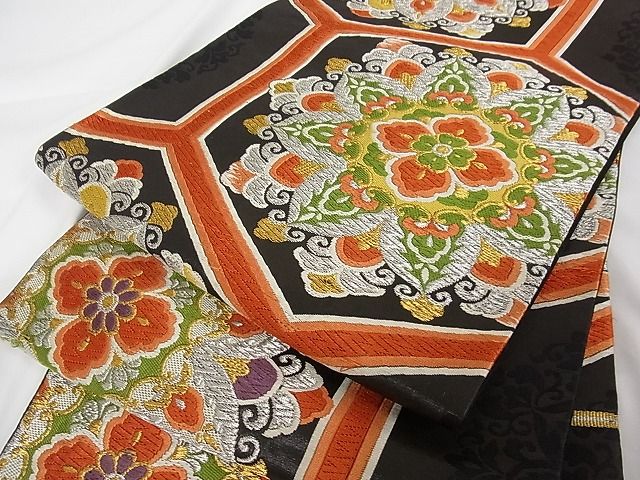 平和屋着物■六通柄袋帯 唐織 花亀甲文 黒地 金銀糸 正絹 逸品 A-tn2257