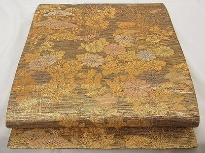平和屋着物■六通柄袋帯 草花文 金糸 正絹 逸品 A-tn2262