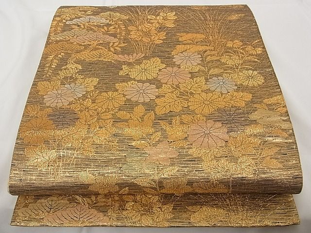 平和屋着物■六通柄袋帯 草花文 金糸 正絹 逸品 A-tn2262
