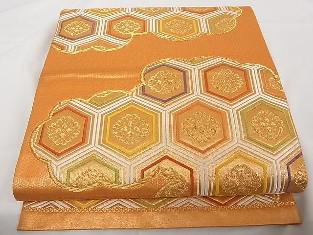 平和屋着物■六通柄袋帯 唐織 雲取り亀甲花文 金糸 正絹 逸品 A-tn2294