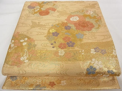平和屋着物■六通柄袋帯 草花丸文 金糸 正絹 逸品 A-tn2296