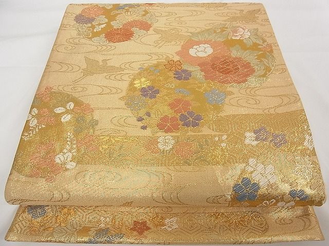 平和屋着物■六通柄袋帯 草花丸文 金糸 正絹 逸品 A-tn2296