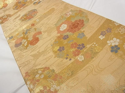 平和屋着物■六通柄袋帯 草花丸文 金糸 正絹 逸品 A-tn2296