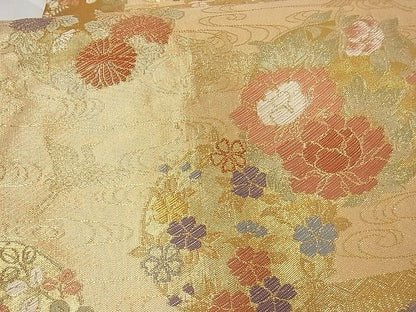 平和屋着物■六通柄袋帯 草花丸文 金糸 正絹 逸品 A-tn2296