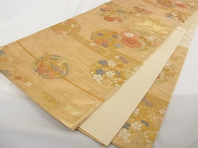 平和屋着物■六通柄袋帯 草花丸文 金糸 正絹 逸品 A-tn2296