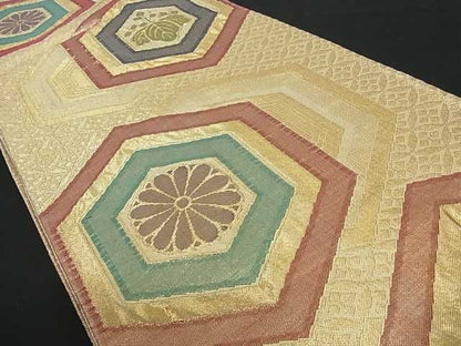 平和屋着物■佐賀錦 六通柄袋帯 亀甲花文 金糸 逸品 ud0334