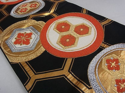 平和屋着物■六通柄袋帯 亀甲花丸文 黒地 金銀糸 逸品 ud0961