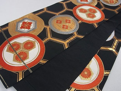 平和屋着物■六通柄袋帯 亀甲花丸文 黒地 金銀糸 逸品 ud0961