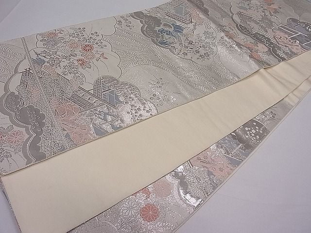 平和屋着物■六通柄袋帯 雲取り人物花文 銀糸 逸品 ut4069