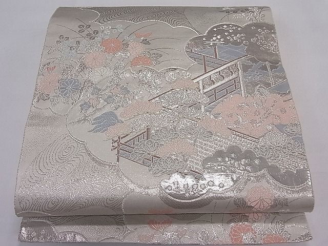 平和屋着物■六通柄袋帯 雲取り人物花文 銀糸 逸品 ut4069