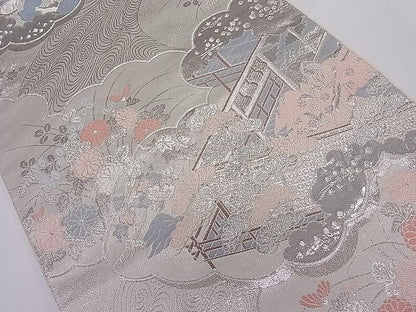 平和屋着物■六通柄袋帯 雲取り人物花文 銀糸 逸品 ut4069