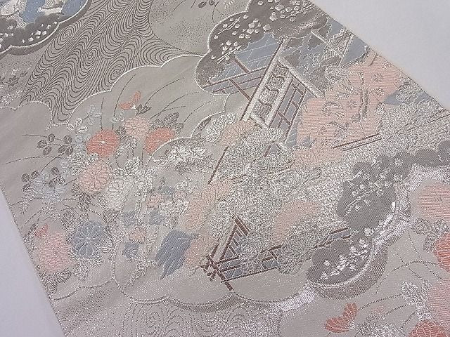 平和屋着物■六通柄袋帯 雲取り人物花文 銀糸 逸品 ut4069