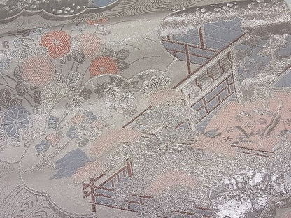 平和屋着物■六通柄袋帯 雲取り人物花文 銀糸 逸品 ut4069