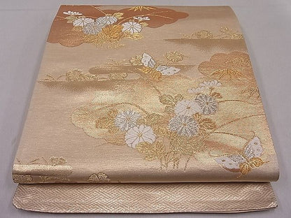 平和屋着物■西陣 六通柄袋帯 雲取り花蝶文 金銀糸 逸品 ut4215