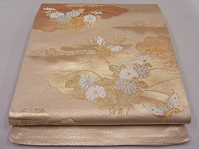 平和屋着物■西陣 六通柄袋帯 雲取り花蝶文 金銀糸 逸品 ut4215