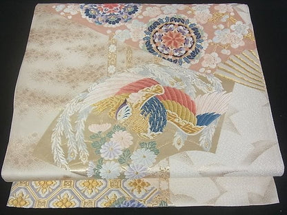 平和屋着物■六通柄袋帯 扇面花鳥文 金銀糸 逸品 uw0622