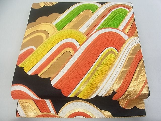 平和屋着物■六通柄袋帯 立波文 黒地 金糸 逸品 uw0661
