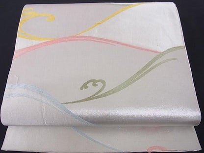 平和屋着物■六通柄袋帯 唐織 流水文 銀糸 正絹 逸品 A-uw1976