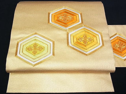平和屋着物■九寸名古屋帯　駒刺繍　亀甲花文　金糸　正絹　逸品　A-uw2428