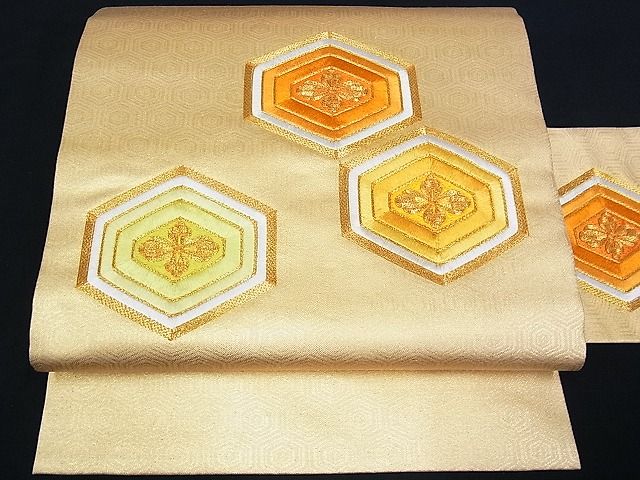 平和屋着物■九寸名古屋帯　駒刺繍　亀甲花文　金糸　正絹　逸品　A-uw2428