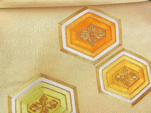 平和屋着物■九寸名古屋帯　駒刺繍　亀甲花文　金糸　正絹　逸品　A-uw2428