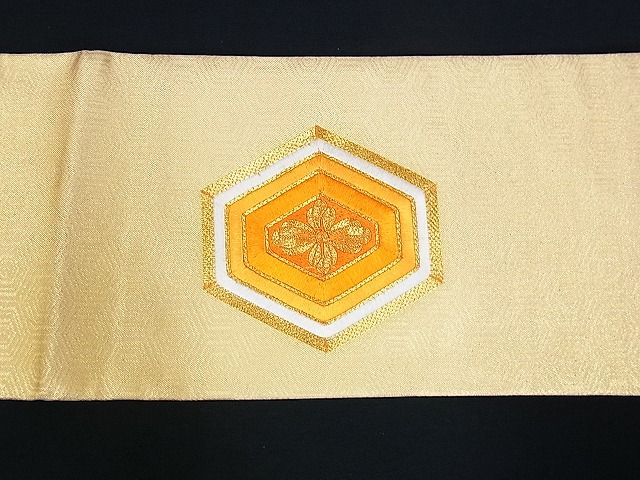 平和屋着物■九寸名古屋帯　駒刺繍　亀甲花文　金糸　正絹　逸品　A-uw2428