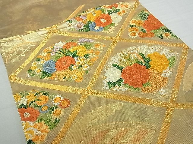 平和屋着物■六通太鼓柄袋帯 菱花籠文 金糸 逸品 vf4720
