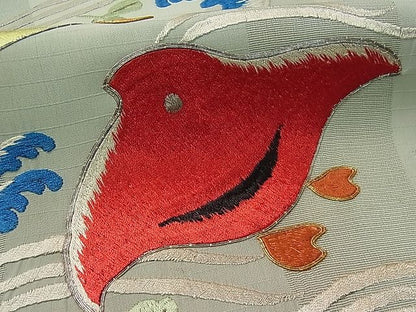 平和屋本店●極上 アンティーク 大正ロマン スリーシーズン 春夏秋 九寸名古屋帯 総刺繍 駒刺繍 立波に千鳥 金銀糸 1s294