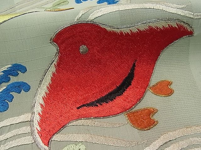 平和屋本店●極上 アンティーク 大正ロマン スリーシーズン 春夏秋 九寸名古屋帯 総刺繍 駒刺繍 立波に千鳥 金銀糸 1s294