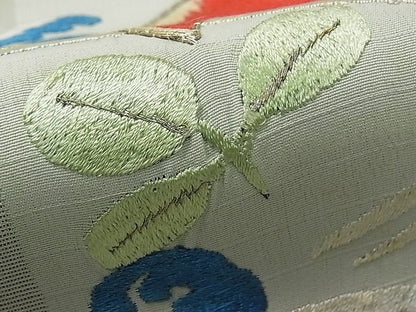 平和屋本店●極上 アンティーク 大正ロマン スリーシーズン 春夏秋 九寸名古屋帯 総刺繍 駒刺繍 立波に千鳥 金銀糸 1s294
