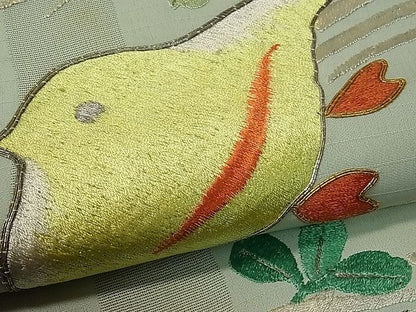平和屋本店●極上 アンティーク 大正ロマン スリーシーズン 春夏秋 九寸名古屋帯 総刺繍 駒刺繍 立波に千鳥 金銀糸 1s294