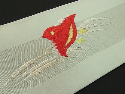 平和屋本店●極上 アンティーク 大正ロマン スリーシーズン 春夏秋 九寸名古屋帯 総刺繍 駒刺繍 立波に千鳥 金銀糸 1s294
