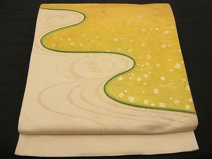 平和屋着物■六通太鼓柄袋帯 駒刺繍 流水箔散らし文 金彩 逸品 n-wb0768