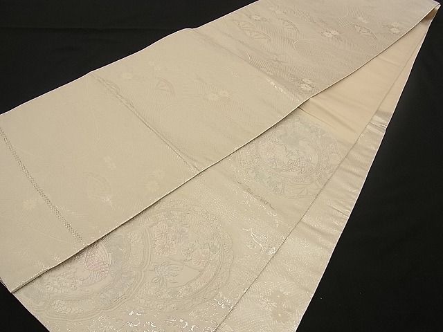 平和屋着物■両面六通柄袋帯 唐織 絵皿花鳥文 銀糸 逸品 n-wb1122