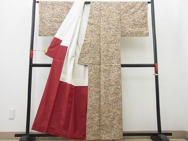 平和屋着物■上質なお召　霞樹林文　逸品　n-wb1575