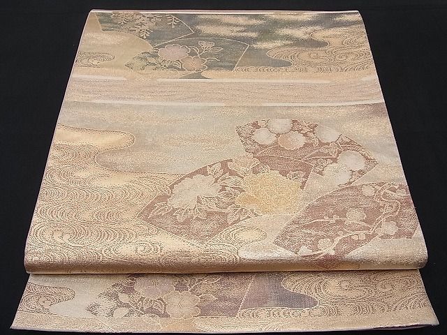 平和屋着物■六通柄袋帯 流水地紙花文 金糸 逸品 n-wb1804