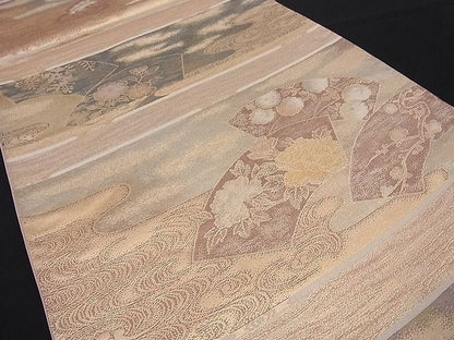 平和屋着物■六通柄袋帯 流水地紙花文 金糸 逸品 n-wb1804