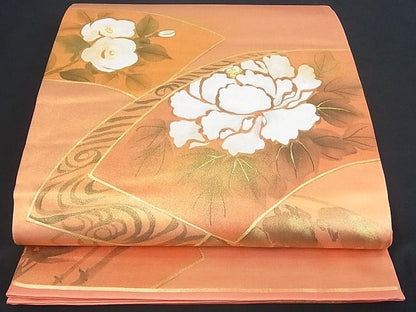 平和屋着物■六通太鼓柄袋帯 作家物 地紙花文 金彩 手描き 逸品 wb4982