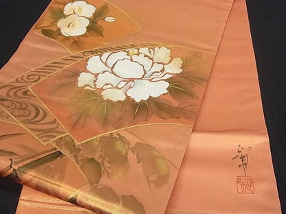 平和屋着物■六通太鼓柄袋帯 作家物 地紙花文 金彩 手描き 逸品 wb4982