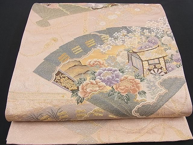 平和屋着物■六通柄袋帯 唐織 御所車檜扇草花文 金銀糸 逸品 n-yc1785