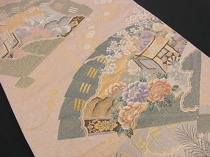 平和屋着物■六通柄袋帯 唐織 御所車檜扇草花文 金銀糸 逸品 n-yc1785