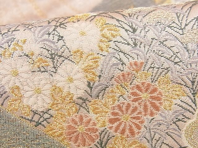 平和屋着物■六通柄袋帯 唐織 御所車檜扇草花文 金銀糸 逸品 n-yc1785